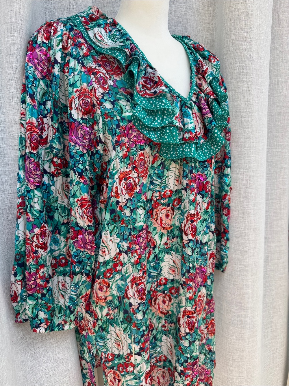 1980s Diane Freis tunic dress turquoise red floral sequins tunic